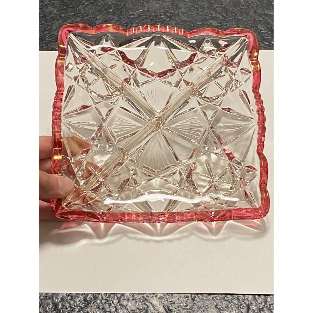 Iridescent Candy/ hors d'oeuvres Etched Cut Glass Square Dish with dividers